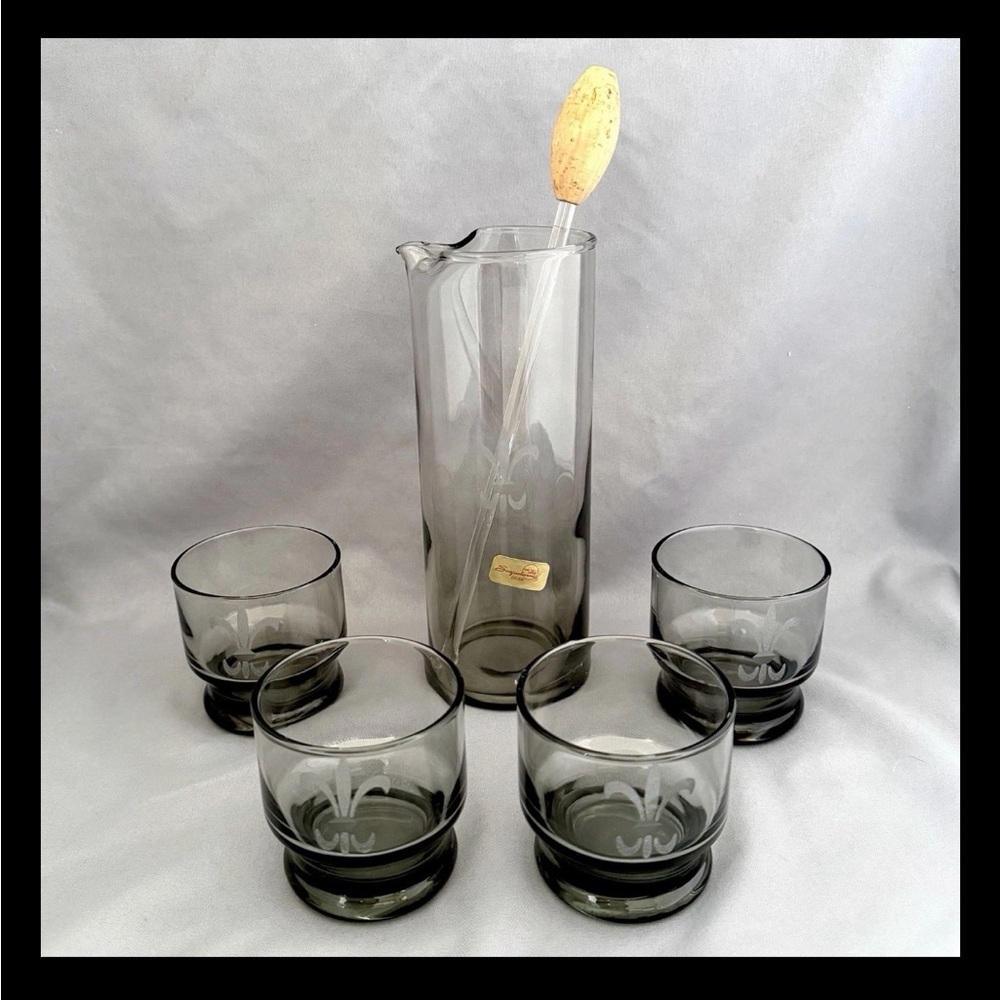 VTG Susquehanna Fleur De Lis Set Of 6 Glasses Etched With Pitcher And Stirrer